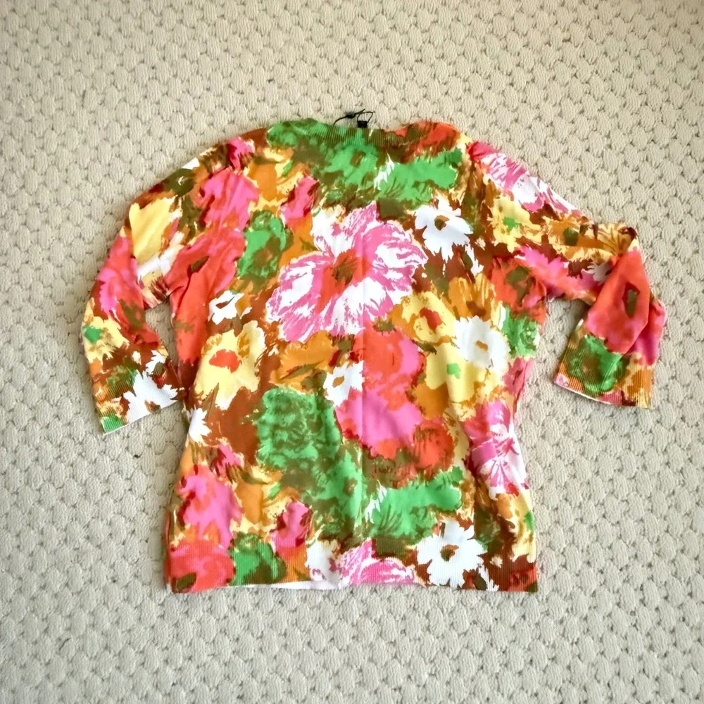 Talbots Womens Cardigan 1X Floral Print Button Front 3/4 Sleeve Pima Cotton - Picture 3 of 4